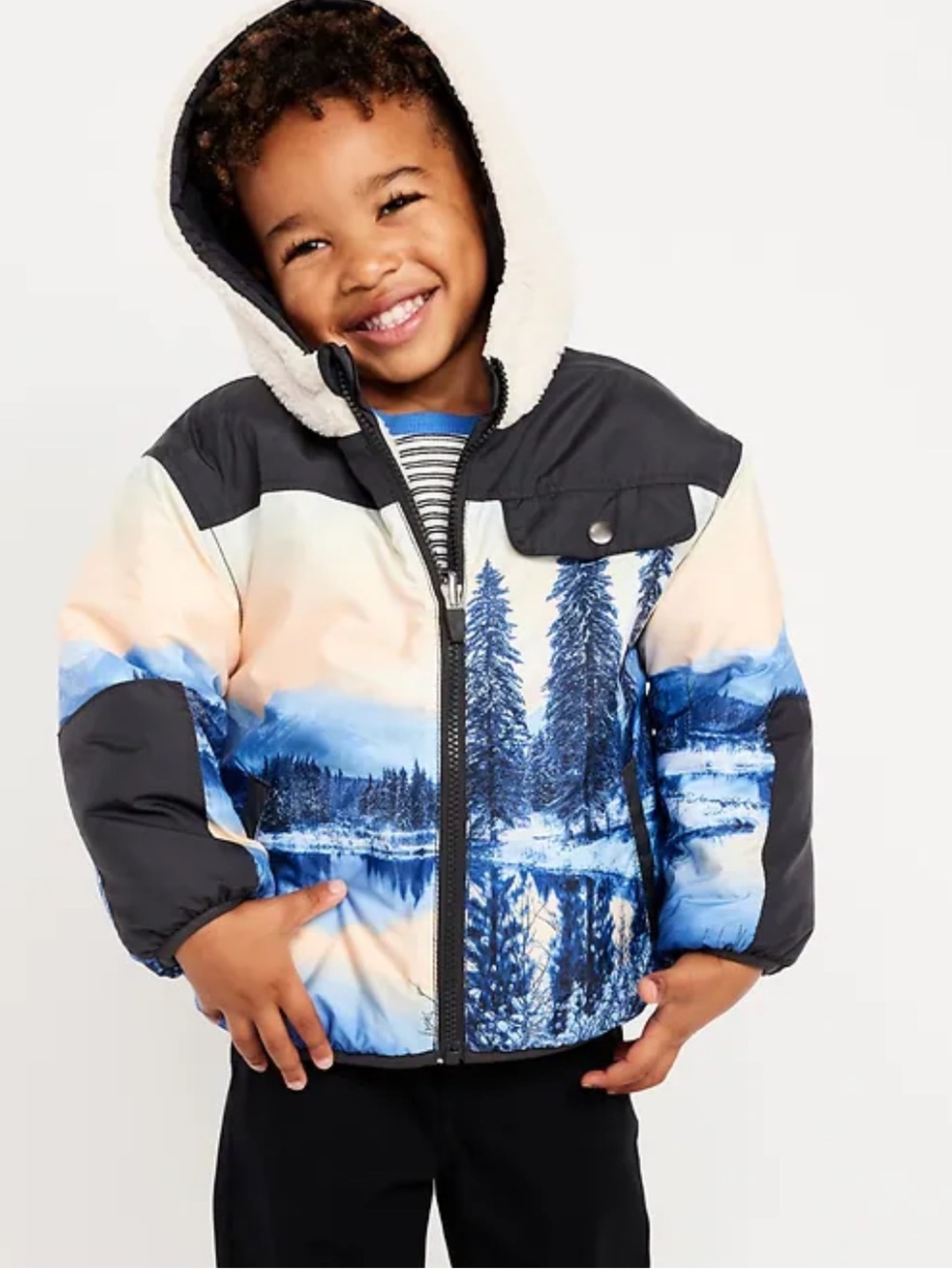 Old Navy Toddler Boy 2T Black and Blue Scenic Sherpa Hood Puffer Jacket